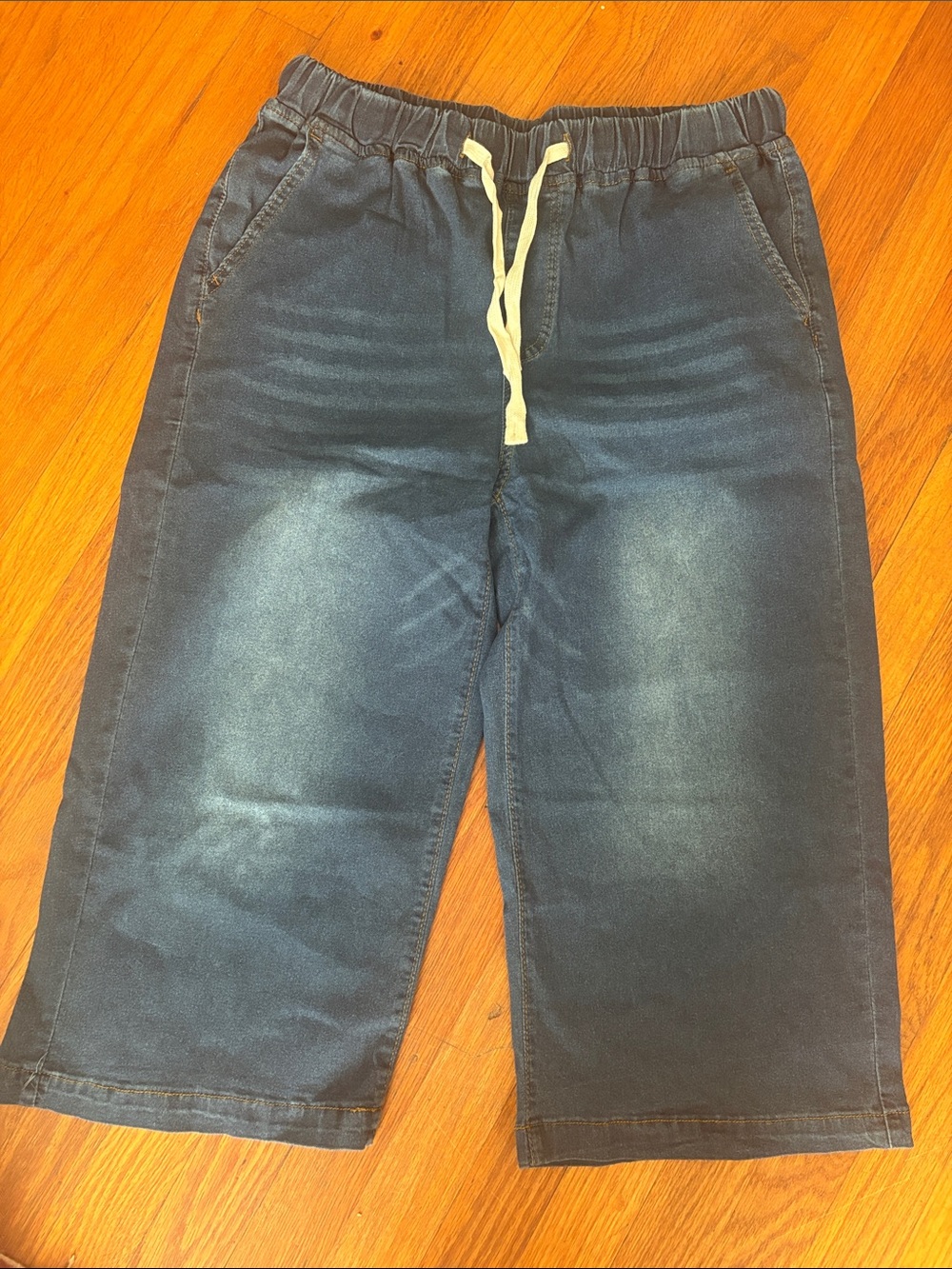 Women’s cropped elastic Waist Drawstring Jeans - Dark Blue